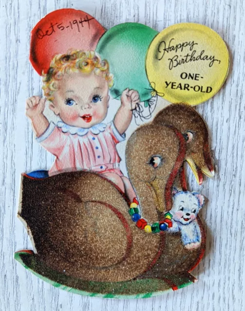 Vintage One Year Old 1 Birthday Swan Balloons Baby 1944 Greeting Card EB3248