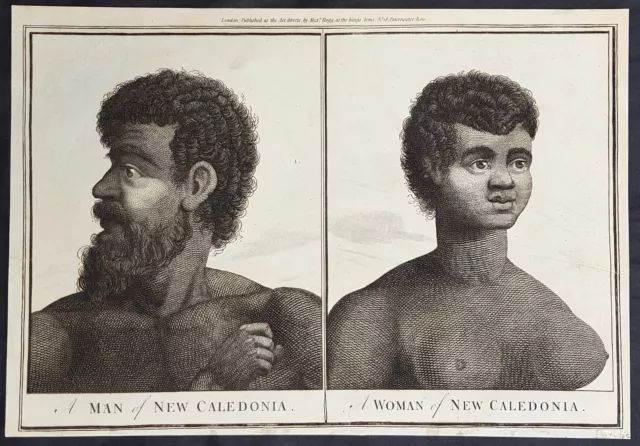 1784 Anderson Antique Print Woman & Man of New Caledonia Pacific, Capt Cook 1774