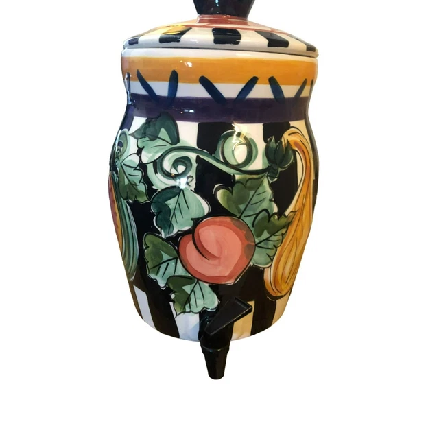Vicki Carroll Pottery Beverage Dispenser Black White Check Hand Painted 2 Gal
