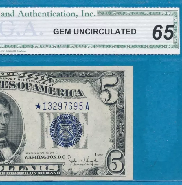 $5.00 1934-C Star  Blue Seal Silver Certificate Pcgs Gem New