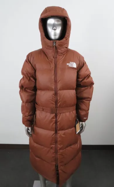 Womens The North Face Nuptse Belt Long 700-Down Insulated Hooded Jacket Dark Oak