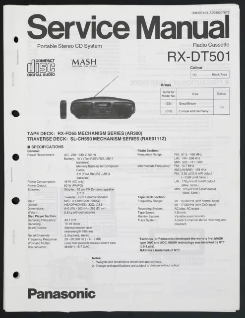 Original PANASONIC RX-DT501 Stereo CD System EU Service Manual/Diagram/Part o189