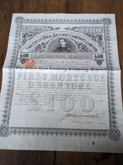 1887 Costa Rica Railway £100 First Mortgage Debenture Certificate Antique