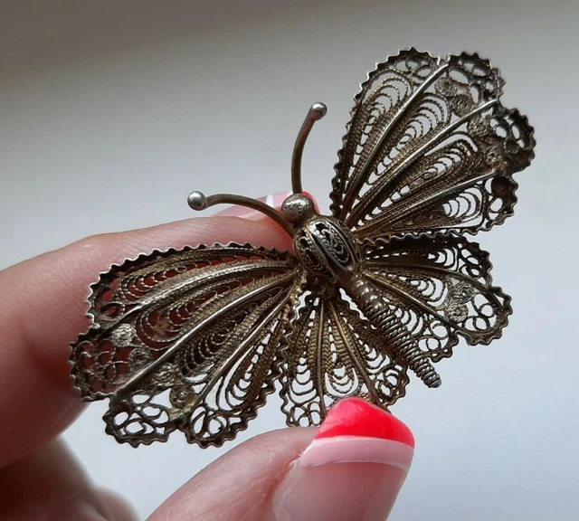 Broche Vintage Argent Massif 925 - Cabochon D'Ambre Monté Serti Clos, Occasion