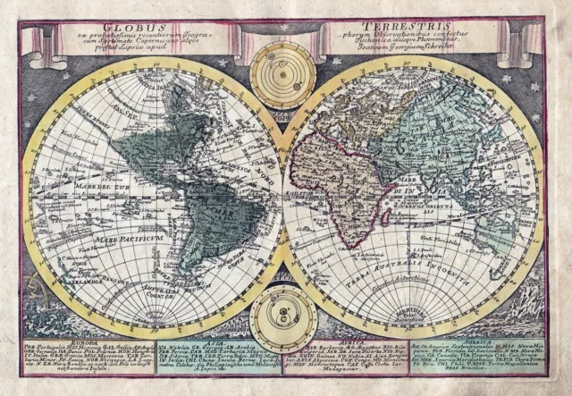 World Map Mappemonde Weltkarte Karte  Kupferstich engraving Schreiber 1750