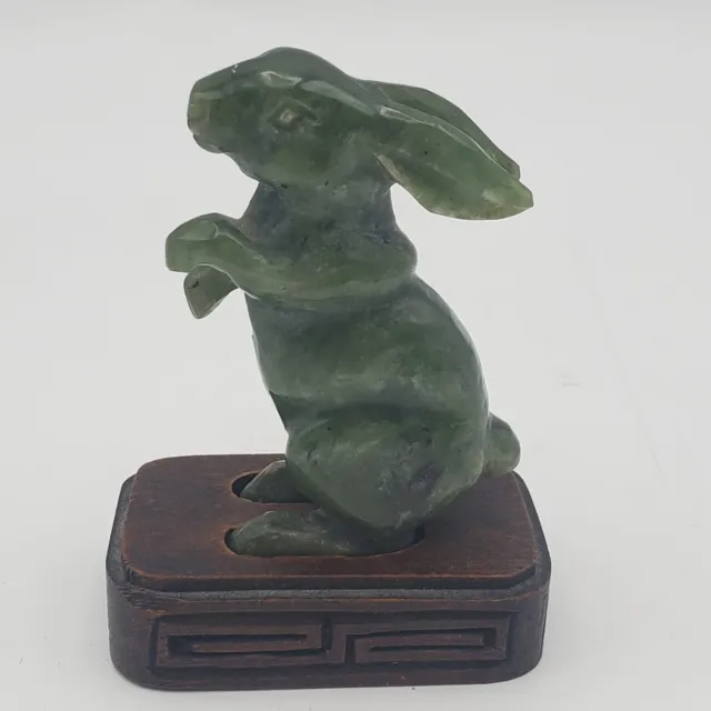 Vintage Solid Jade Hand Carved Bunny Rabbit On Carved Wood Stand Figurine