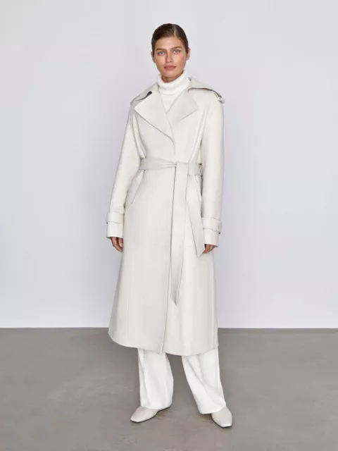 Women's Genuine Leather Long Coat Real Lambskin Stylish White Belted Trench Coat