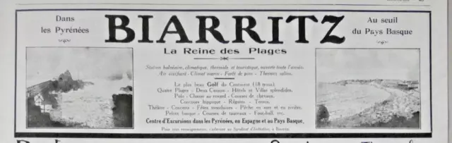 Publicité De Presse 1925 Biarritz Pyrénées La Reine Des Plages