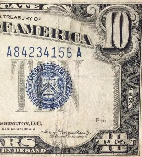 1934A $10 "Blue TEN" SILVER Certificate X4156! FINE! Old US Paper Currency!