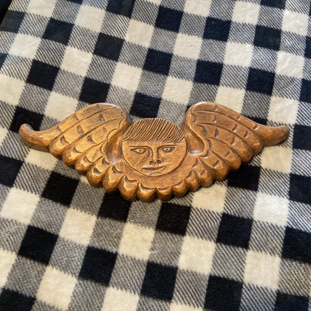 Wooden Hand carved Angel Cherub Putti Vintage Folk Art Face W/ Wings 15x6 Signed