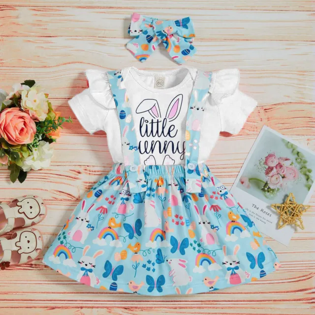 Toddler Baby Kids Girls Easter Rabbit Bunny Print Tops Suspenders Skirts Outfits
