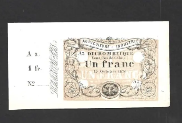1 Franc Unc Local  Banknote From France/Lens Pas De Calais  1870