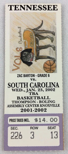 2002 01/23 South Carolina at Tennessee Basketball Ticket-Marcus Haislip