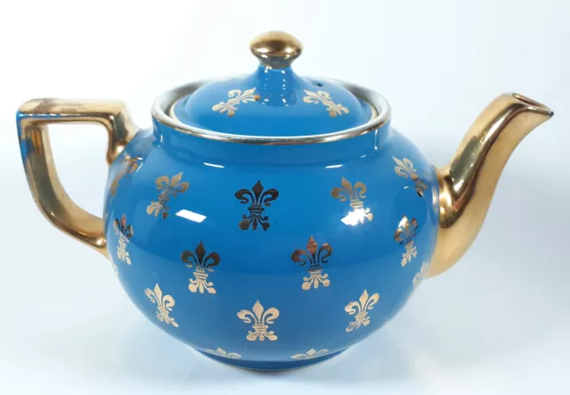 Vintage Hall China Boston Teapot Blue with Gold Fleur De Lis 6 Cups small chip
