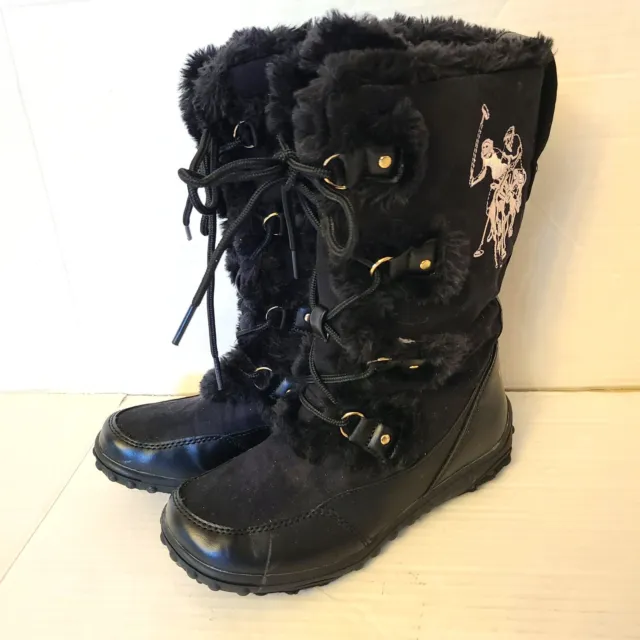 U.S. Polo Assn. Girls Snow Winter Boots Black Faux Fur Size 2