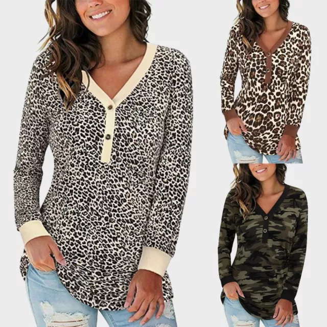 Womens Camouflage Leopard V Neck T Shirt Tops Ladies Long Sleeve Blouse Pullover