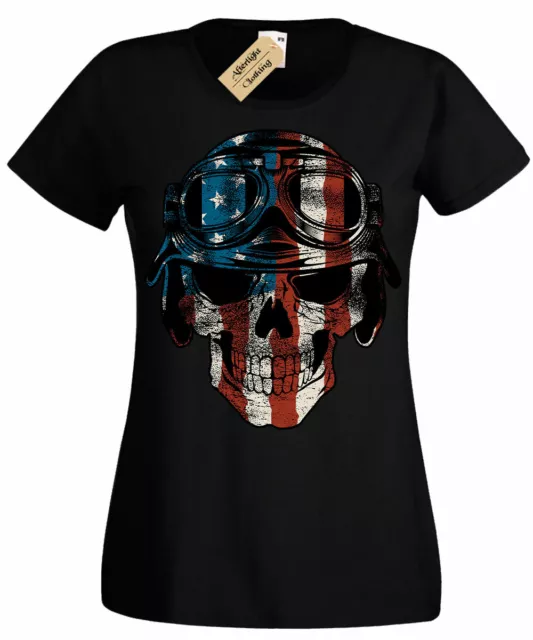 T-shirt teschio USA pilota bandiera americana motociclista moto donna donna