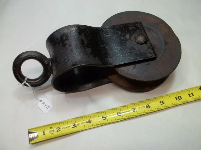 Early Wooden Wheel Pulley Metal Hardware 4-5/8" Diam. Wheel (Bottom of Groove)