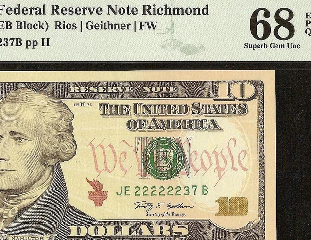 Superb Gem 2009 $10 Dollar Fancy 222222 Serial Number Note Pop 7/1 Pmg 68 Epq