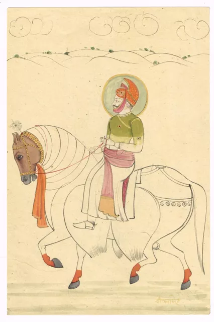 Rajasthani Antigua Pintura De Maharajá Sawai Jagat Singh En Caballo 18.4x27.9cm