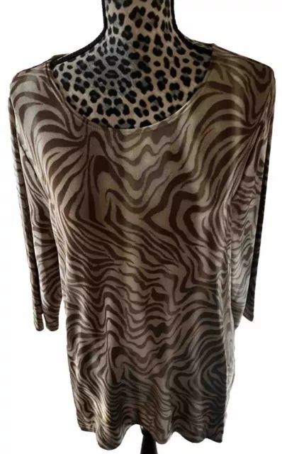travelers by chicos Top Blouse Size 2 Brown Animal Print Shark Bite