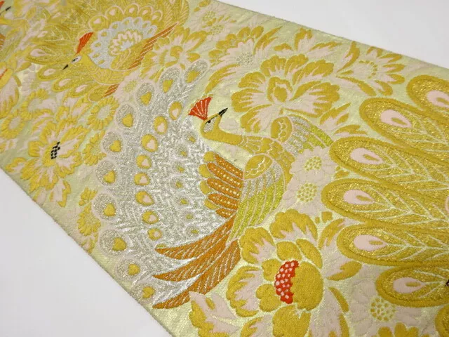 6661938: Japanese Kimono / Antique Fukuro Obi / Woven Peacock