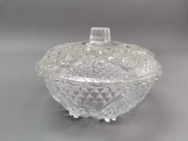 runde Glas Schale mit Deckel auf Füßen klar mit Muster D=13 cm H= 9,5 cm VINTAGE 3