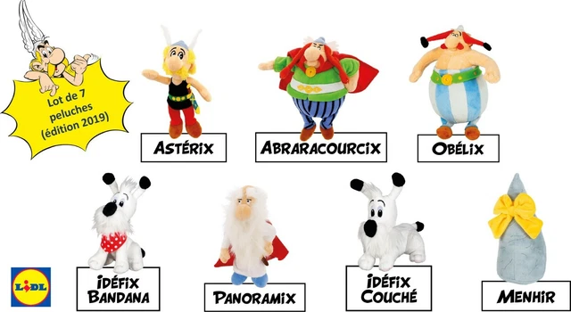 Collection complète de 7 peluches 60 ans Asterix Idéfix Obélix LIDL 2019