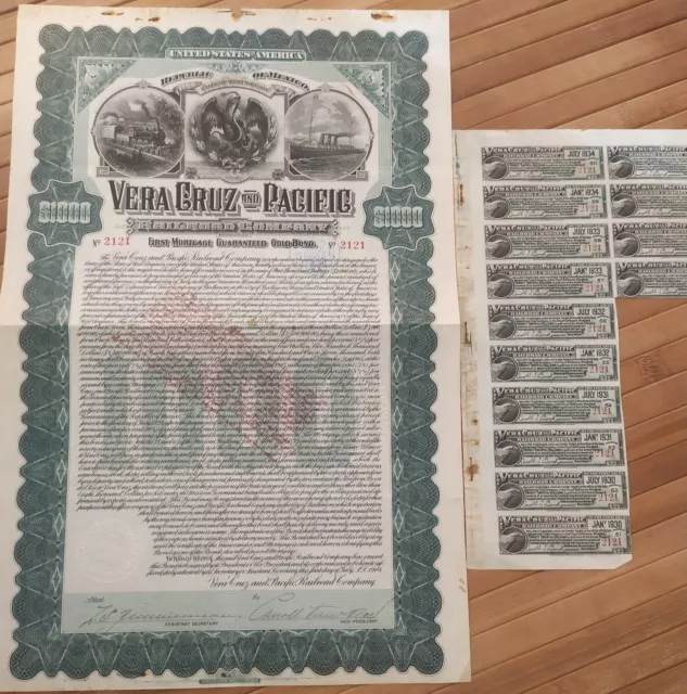 Mexico 1904 Vera Cruz Pacific Railroad $ 1000 Dollars Gold OR Coupons Bond Loan