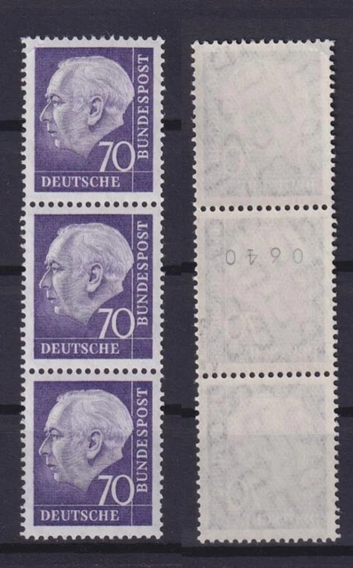 Bund 263xv Heuss 70 Pf gerade Nr. 0640 3er Streifen gepr. Schmidl postfrisch