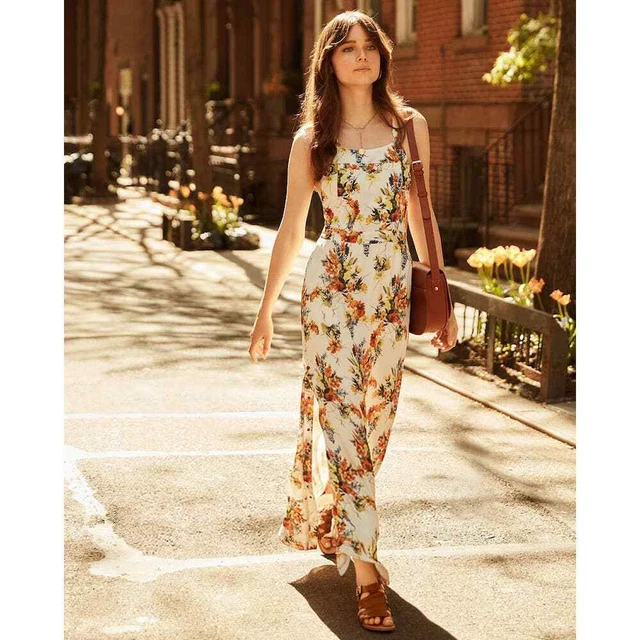 Haute Hippie Bib Overall Style White Floral Print Silk Maxi Dress Size 2