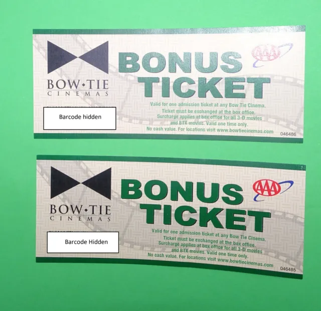 Pair of Bow Tie Cinemas Movie Theater Bonus Tickets - No expiration Date