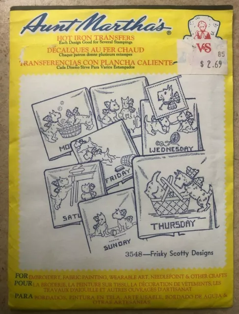 Aunt Martha's Hot Iron Transfers 3548 Frisky Scotty Dog Designs Days of the Week