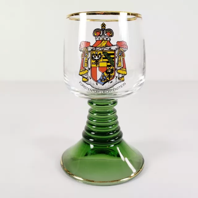 Emerald Green Beehive Stem Glass Furstentu Crest Gold Rimmed European Souvenir