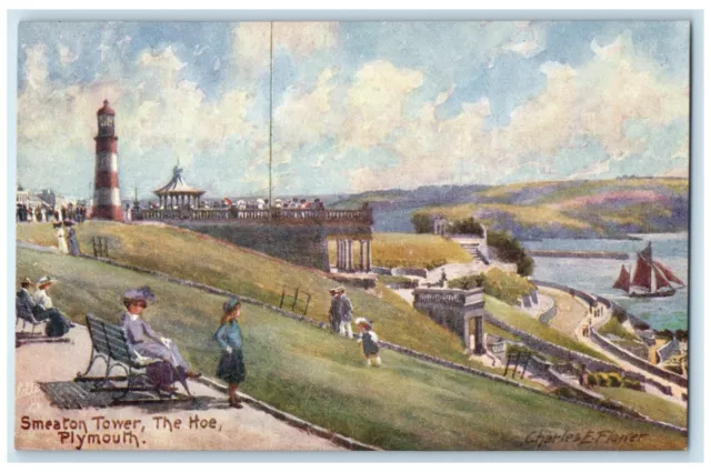 c1910 Smeaton Tower The Hoe Plymouth Devon England Oilette Tuck Art Postcard