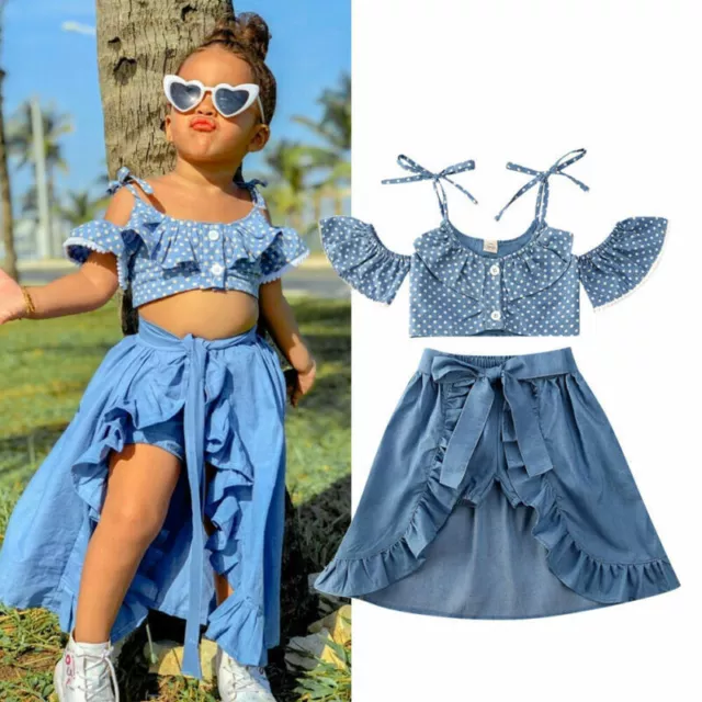 Toddler Baby Girls Summer Polka Dots T-shirt Tops+Ruffle Long Skirts Set Outfit