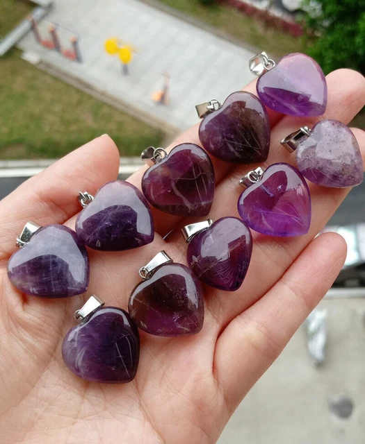 10pcs Amethyst Gems stone Heart Pendants Chakra Reiki Healing Amulet