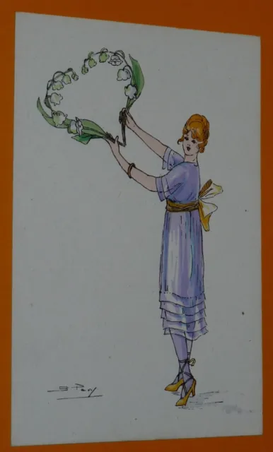Cpa Carte 1920-1930 Femme Muguet Silhouettes Porte-Bonheur Pavy Annees Folles