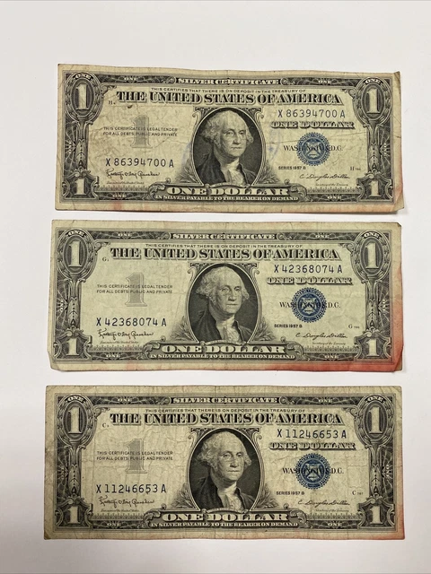 1957B $1 One Dollar Well Circulated Silver Certificate Note - 3 Notes