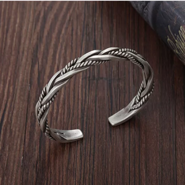 Men 925 Sterling Silver Thai Handmade Vintage Open Bangle Twisted Cuff Bracelet