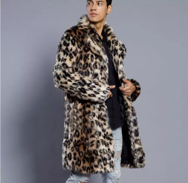 Men Faux Fur Thicken Coat Lapel Leopard Overcoat Winter Mid Long Jacket Outwear/