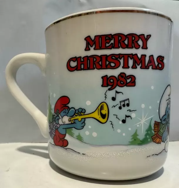 Vintage 1982 The Smurfs Coffee Mug Merry Christmas Papa Smurf Smurfette Carolers