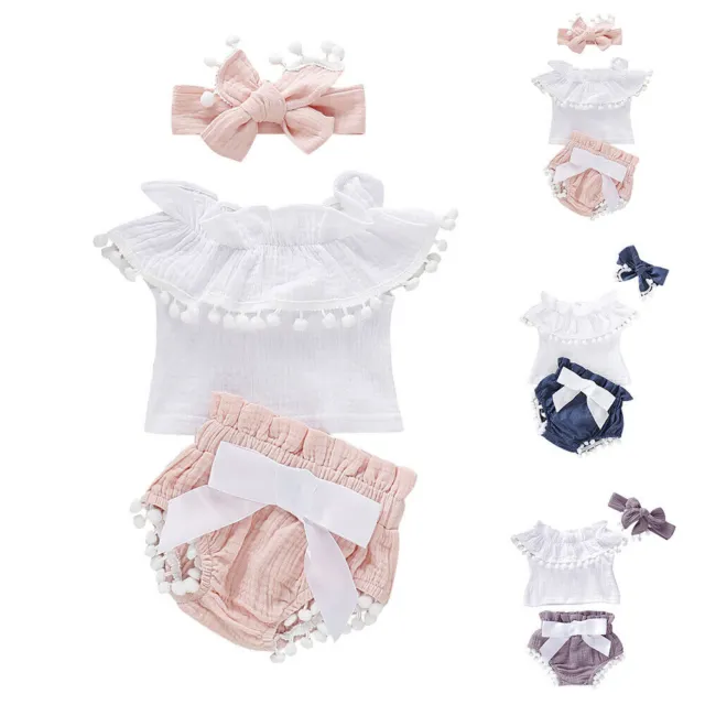 3pcs/Set Newborn Toddler Baby Girls T Shirt Tops Pants Bowknot Headband Outfits