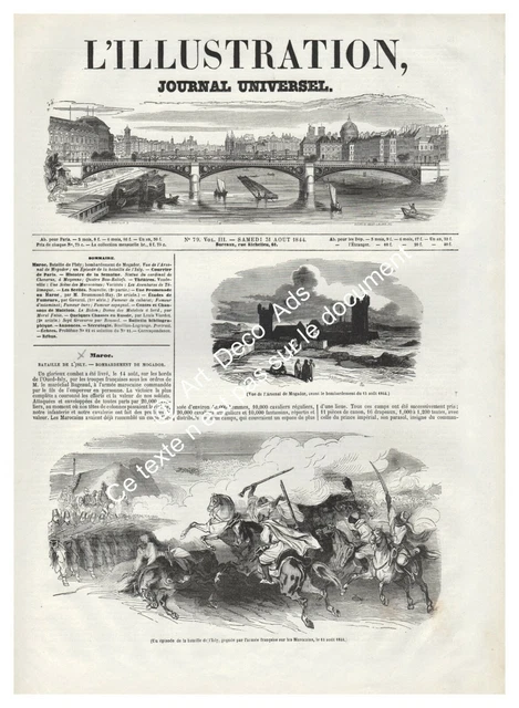 Maroc La Bataille de l'Isly Bombardement de Mogador Gravure Antique Print 1844
