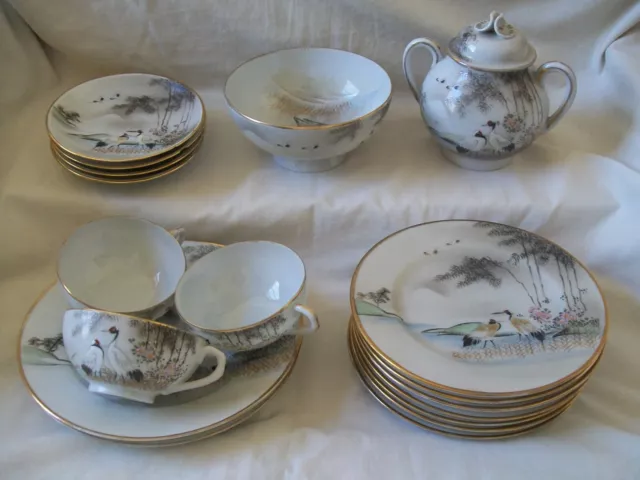 VINTAGE 17pc NORITAKE TEA SET. HANDPAINTED CRANES BOWL PLATES SAUCERS CUPS SUGAR