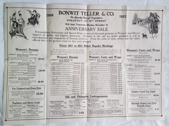 1921 Bonwit Teller Co Ad Fashion Flapper Anniversary Sale Fold Out Poster Rare