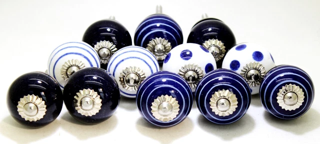 Set Of 12 Blue Combination Decorative Cabinet Dresser Drawer  Ceramic Small Knob
