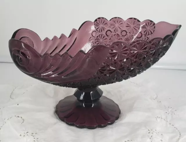 Vintage LG Wright Large Amethyst Glass Daisy & Button Pedestal Compote UV Glow!