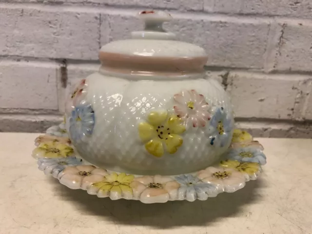 Antique EAPG Possibly Consolidated Milk Glass Cosmos Covered Butter Dish