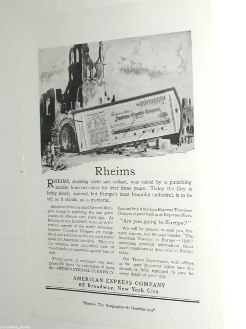 1920 American Express Company advertisement Rheims France WWI tour Reims